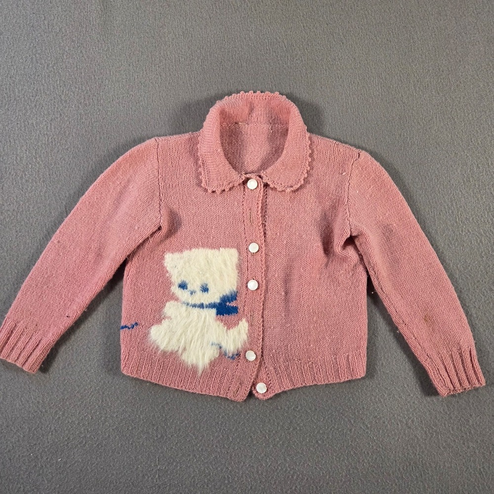 Vintage Cat Sweater Girls 10-12 Month Baby Toddler 60s Wool Cardigan Granny Knit